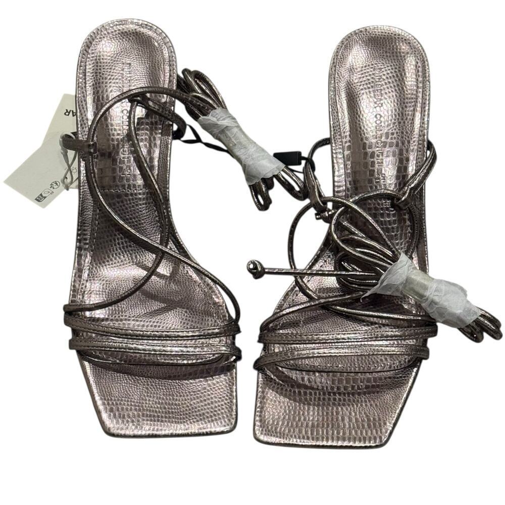 Pull&Bear Collection Women's Leather Strappy Heeled Sandals Silver Size 37 NWT